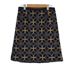 Boden A-Line Skirt with Navy and Gold Pattern